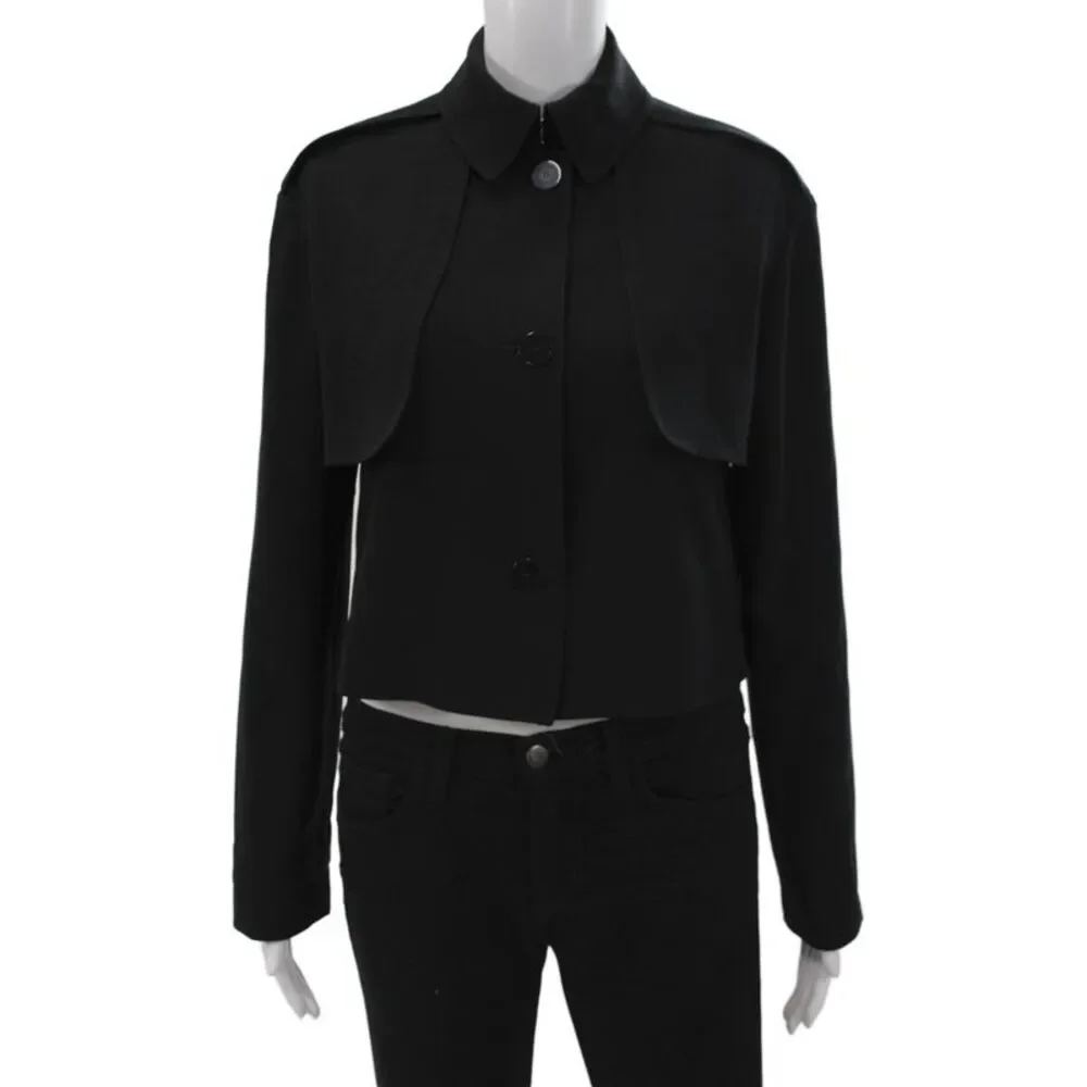 Theory Womens Trench Coat Black Collared Button Long Sleeve Petite Size S